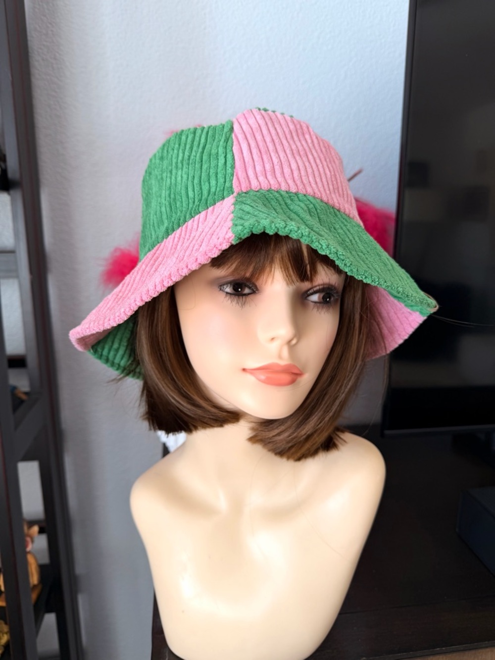 Do everything in love Pink and Green Patchwork Corduroy Bucket Hat